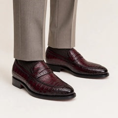 DIVINCH Burgundy Crocodile Penny Loafer on-foot studio view