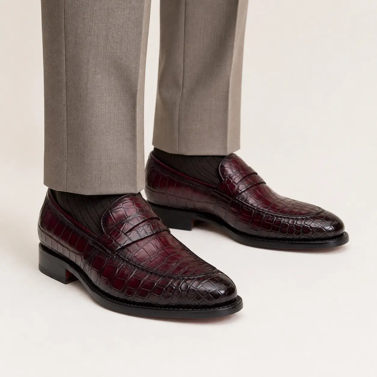 DIVINCH Burgundy Crocodile Penny Loafer on-foot studio view