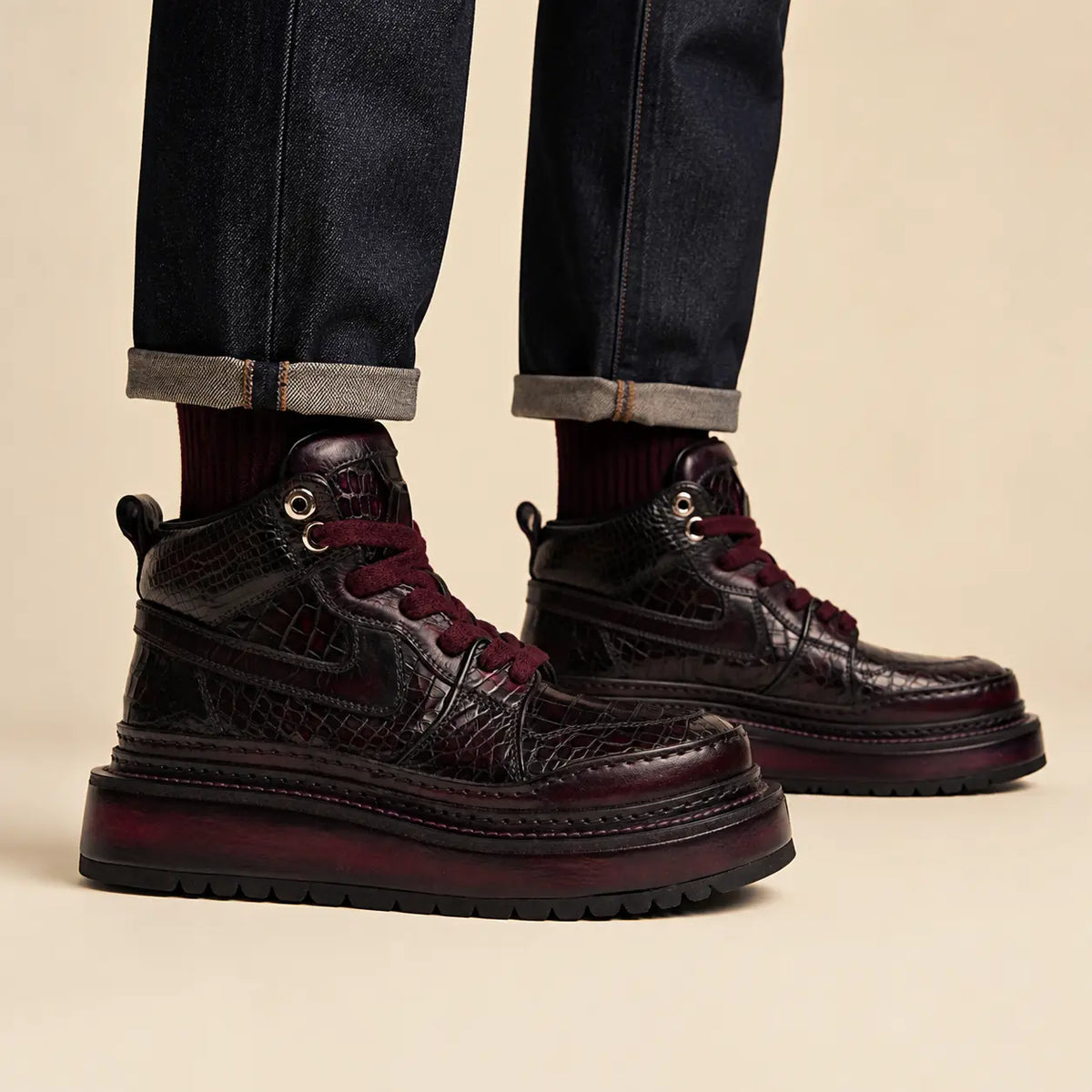 DIVINCH burgundy-black embossed platform high-top shoes worn on foot