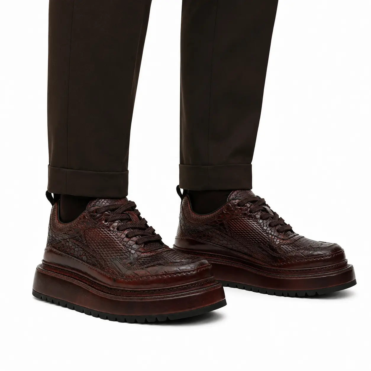 Burgundy Crocodile-Textured Platform Sneaker
