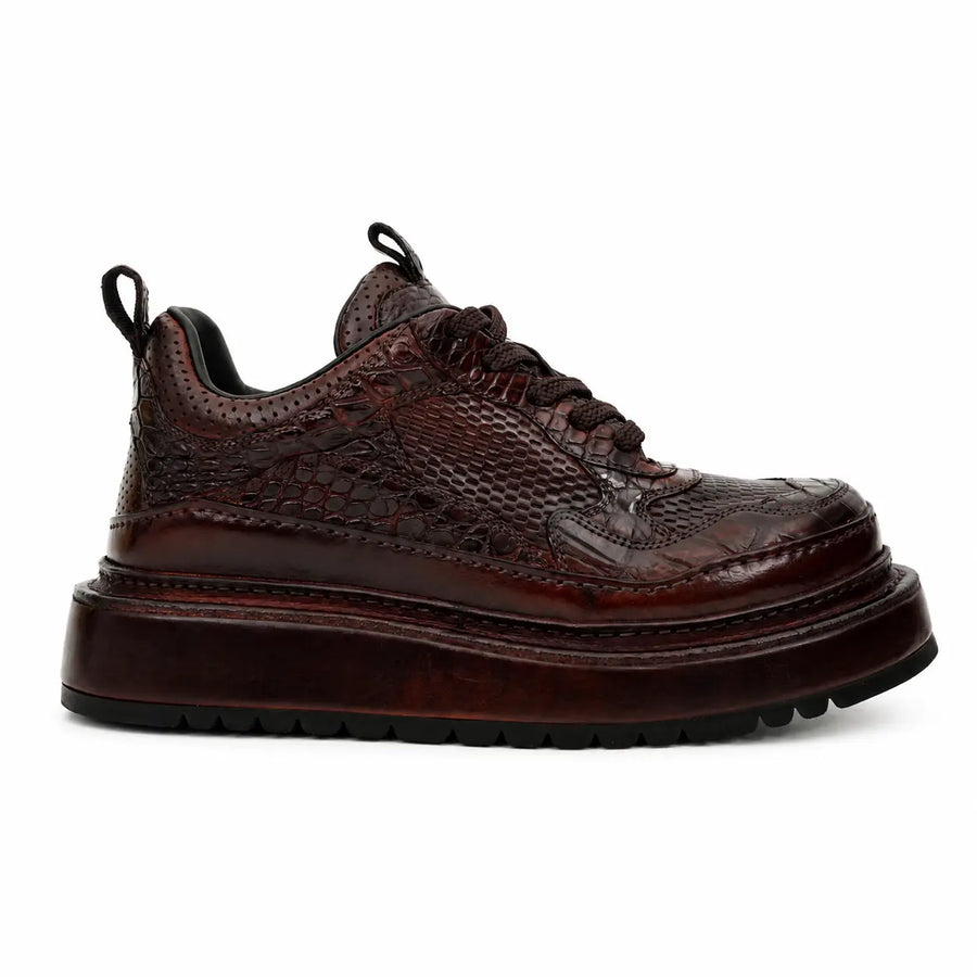 Burgundy Crocodile-Textured Platform Sneaker DIVINCH