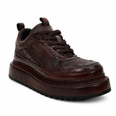Burgundy Crocodile-Textured Platform Sneaker