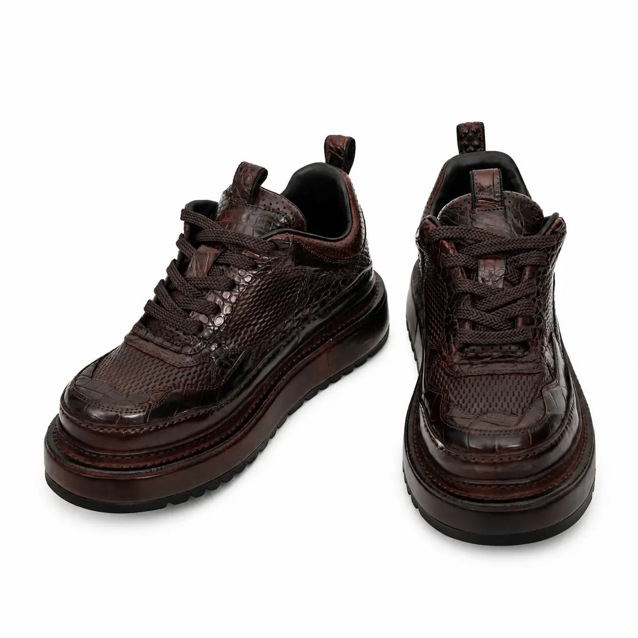 Burgundy Crocodile-Textured Platform Sneaker