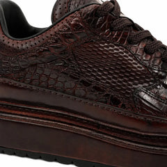 Burgundy Crocodile-Textured Platform Sneaker