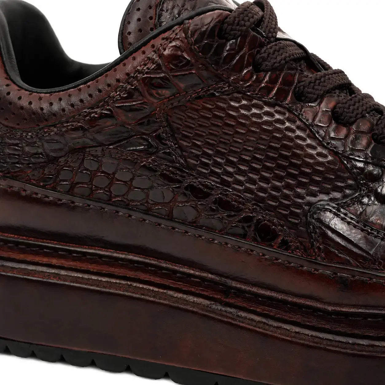 Burgundy Crocodile-Textured Platform Sneaker