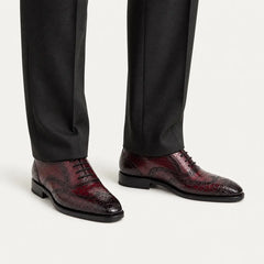 Burgundy Crocodile Wingtip Oxford — on-foot studio view