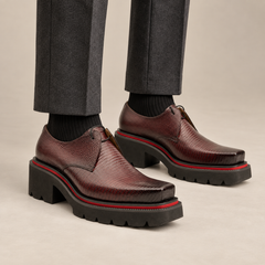 Burgundy Textured Calfskin Derby Shoes with Red Edging DIVINCH on-foot studio view