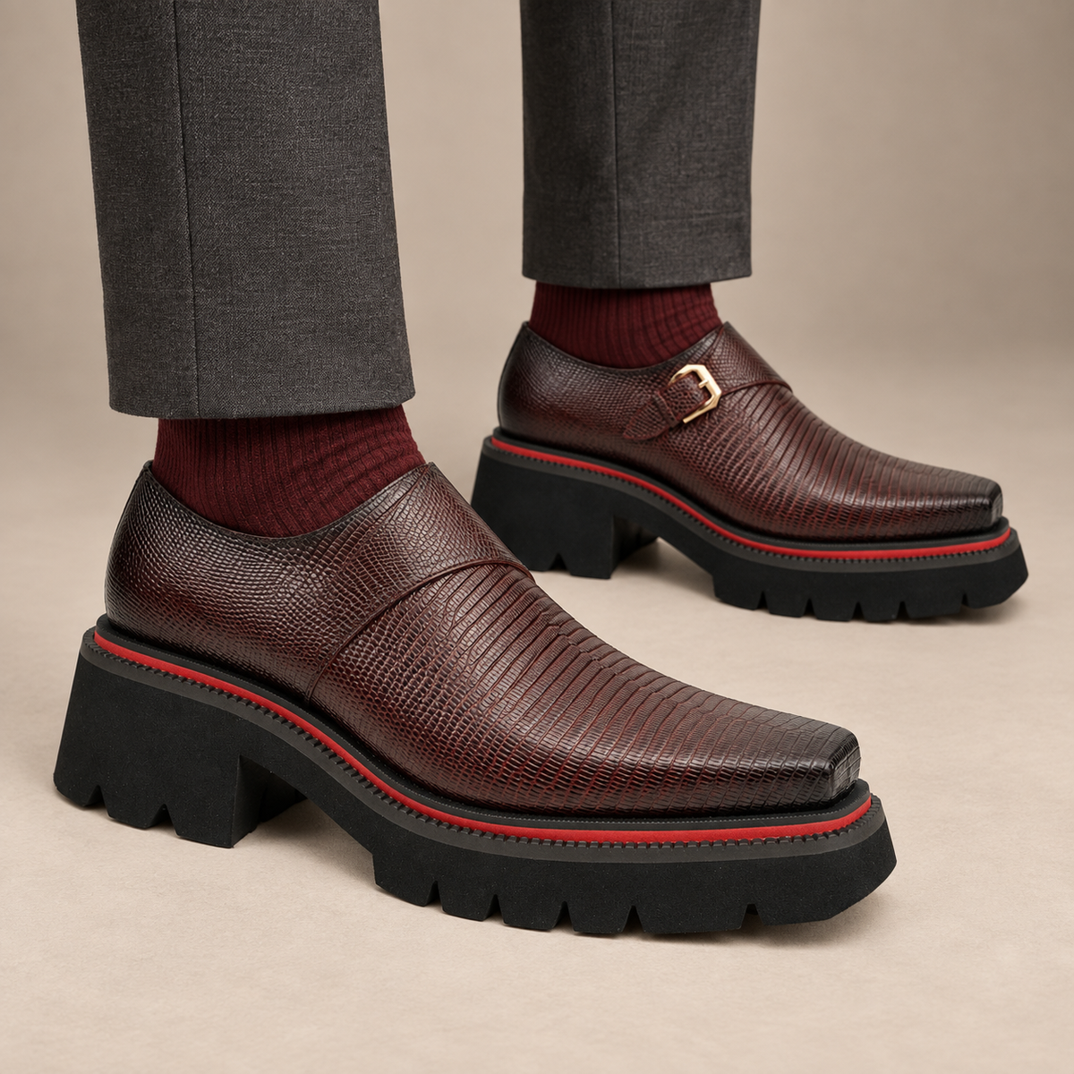 Burgundy-brown textured single-buckle monk shoes on foot