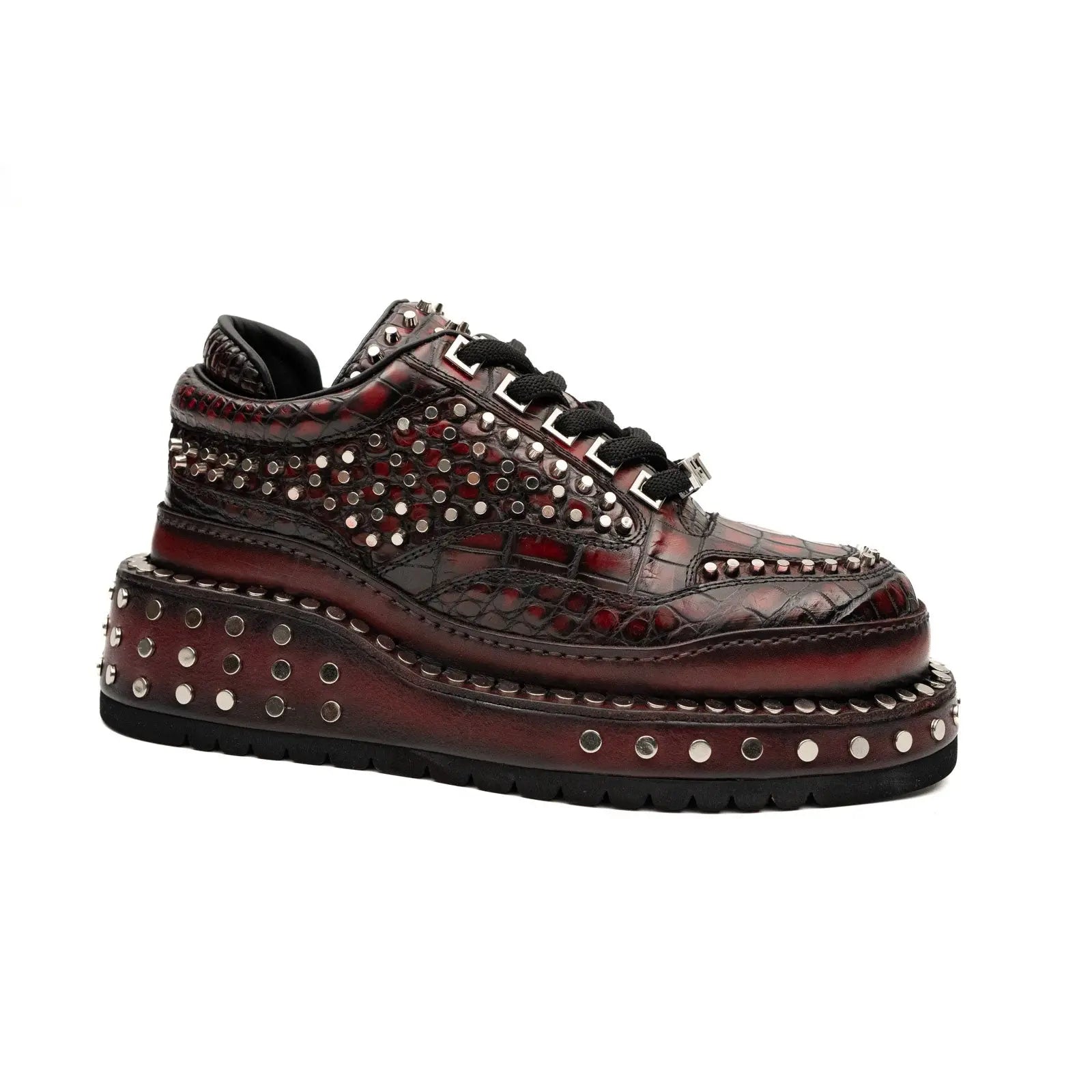 Burgundy Nile Crocodile Studded Platform Sneakers Divinch