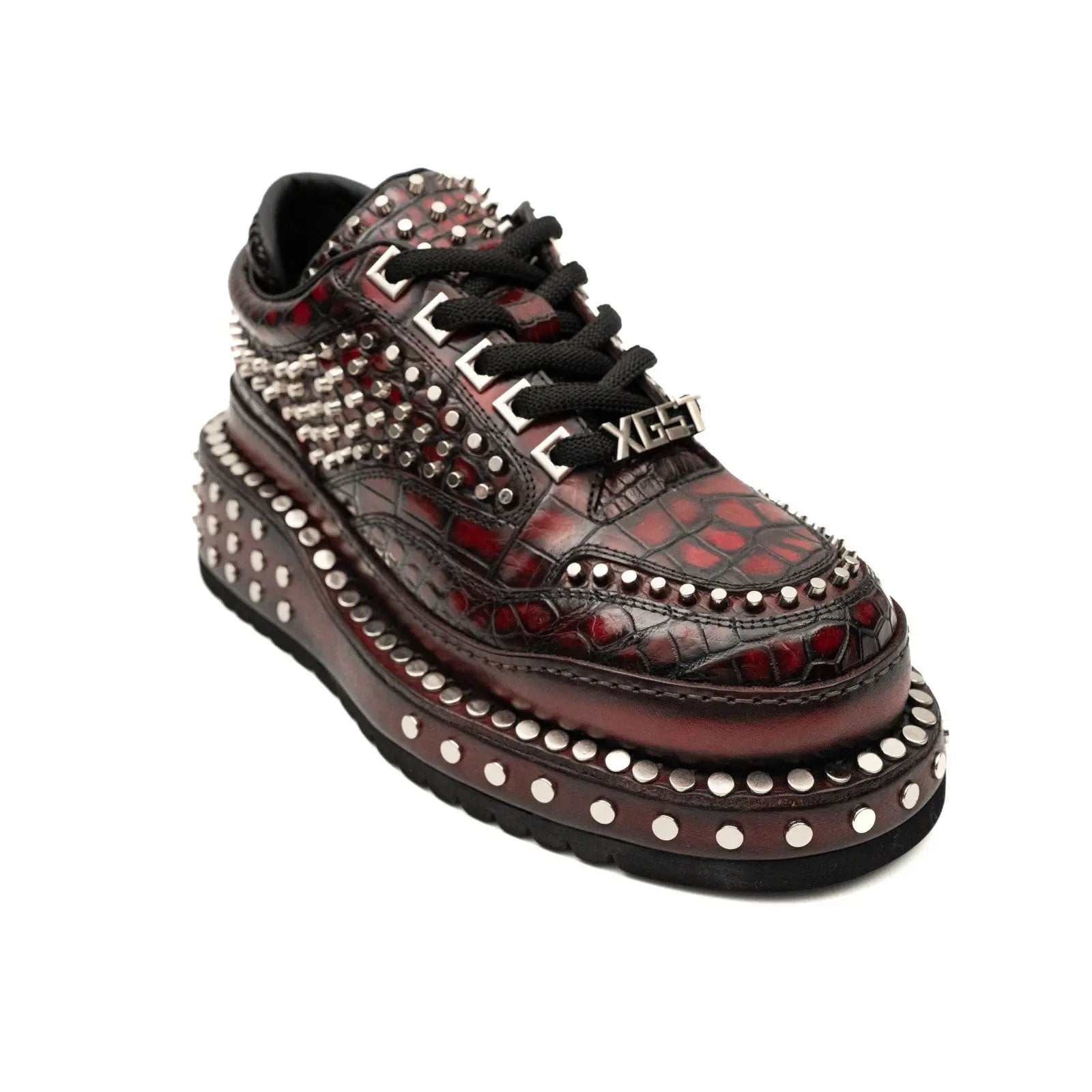 Burgundy Nile Crocodile Studded Platform Sneakers Divinch