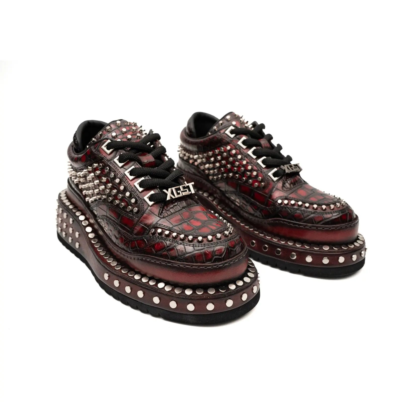 Burgundy Nile Crocodile Studded Platform Sneakers Divinch