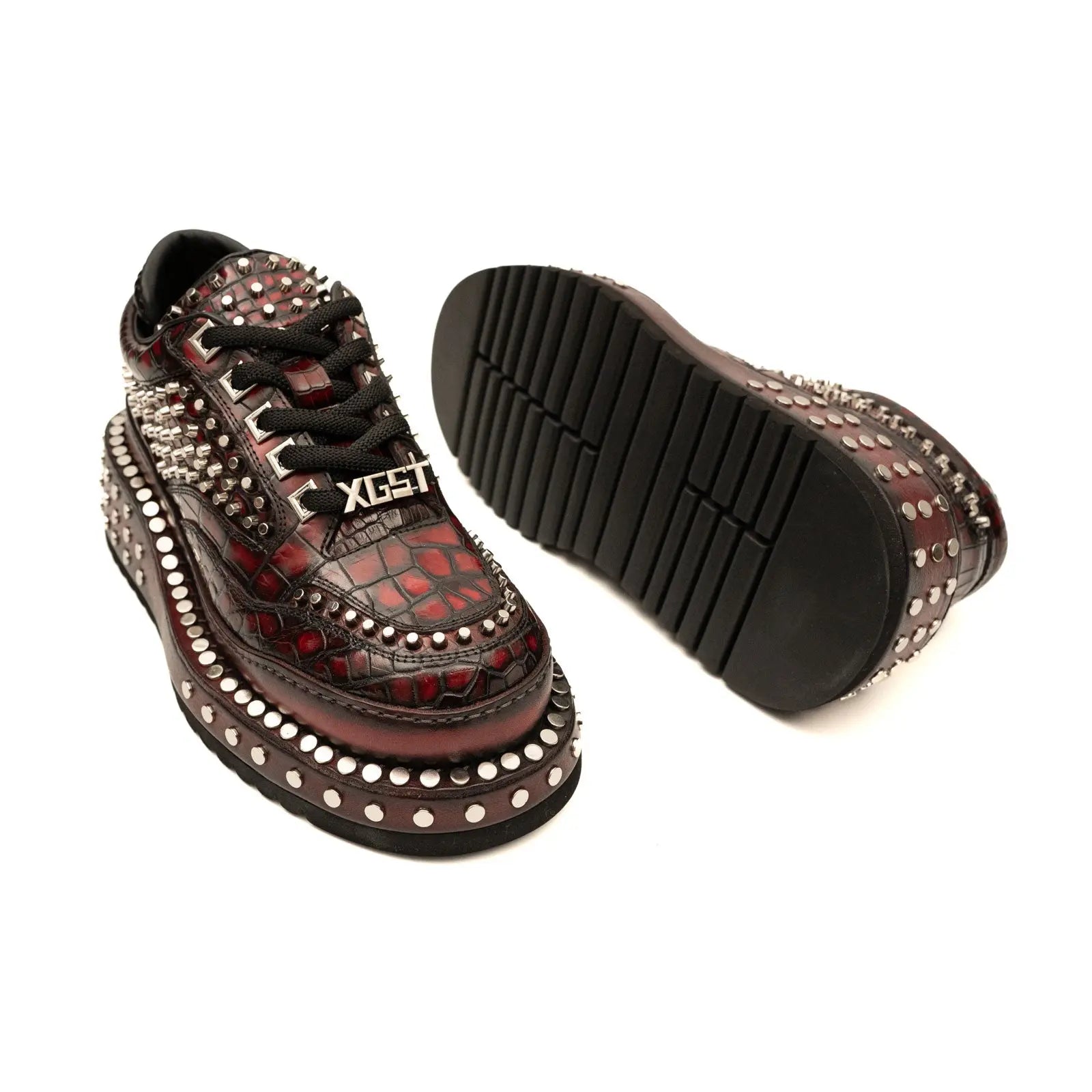 Burgundy Nile Crocodile Studded Platform Sneakers Divinch