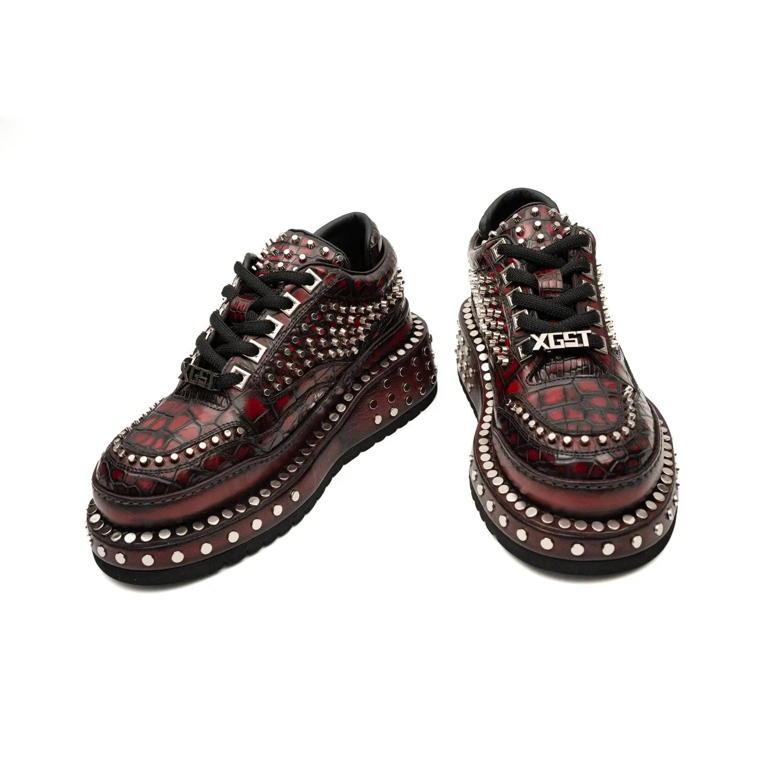 Burgundy Nile Crocodile Studded Platform Sneakers Divinch