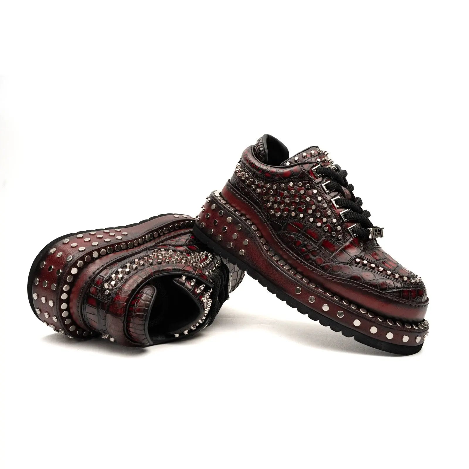 Burgundy Nile Crocodile Studded Platform Sneakers Divinch