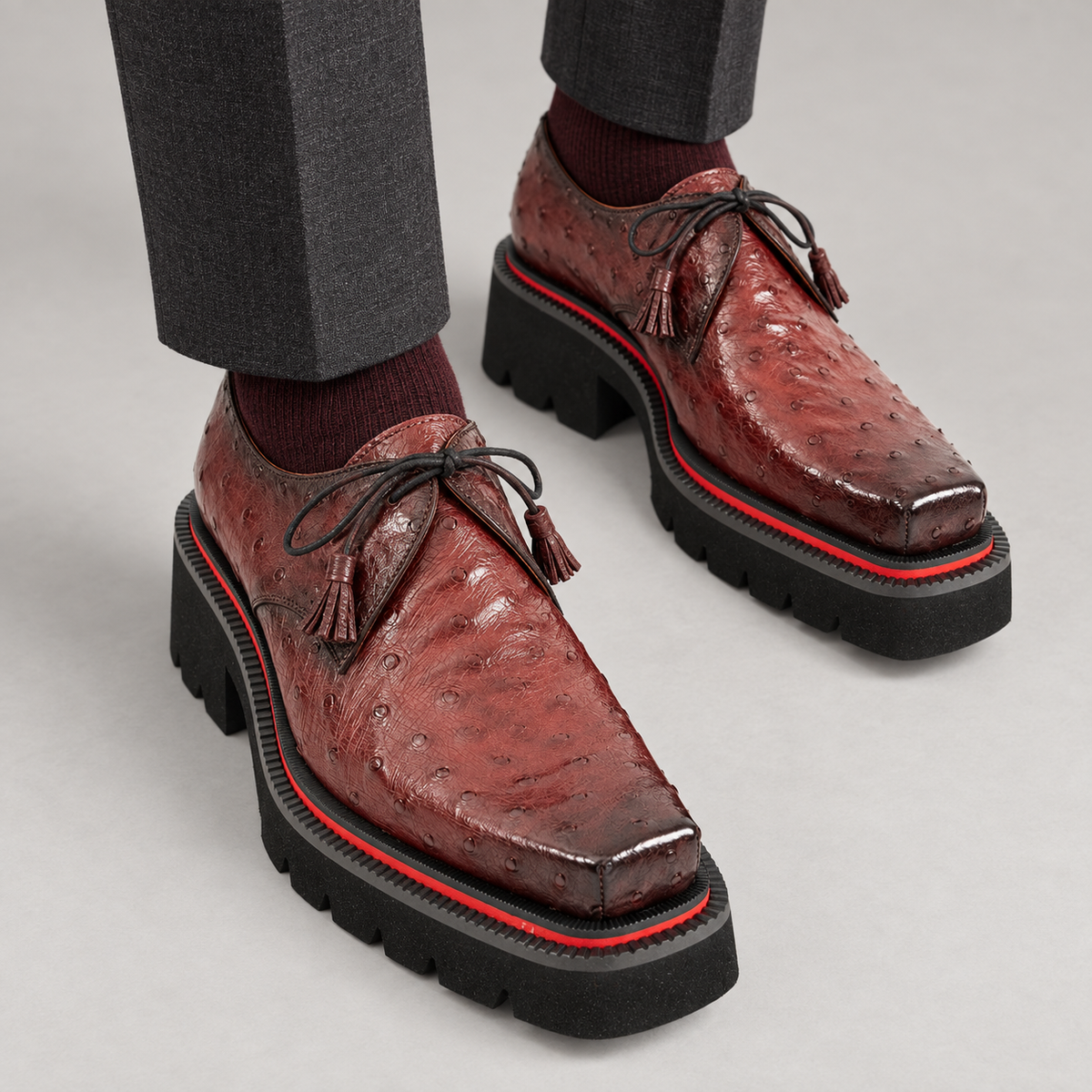 Burgundy ostrich-texture Derby shoes on foot