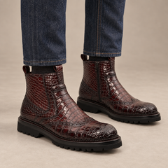 Burgundy Crocodile Lug-Sole Ankle Boot DIVINCH
