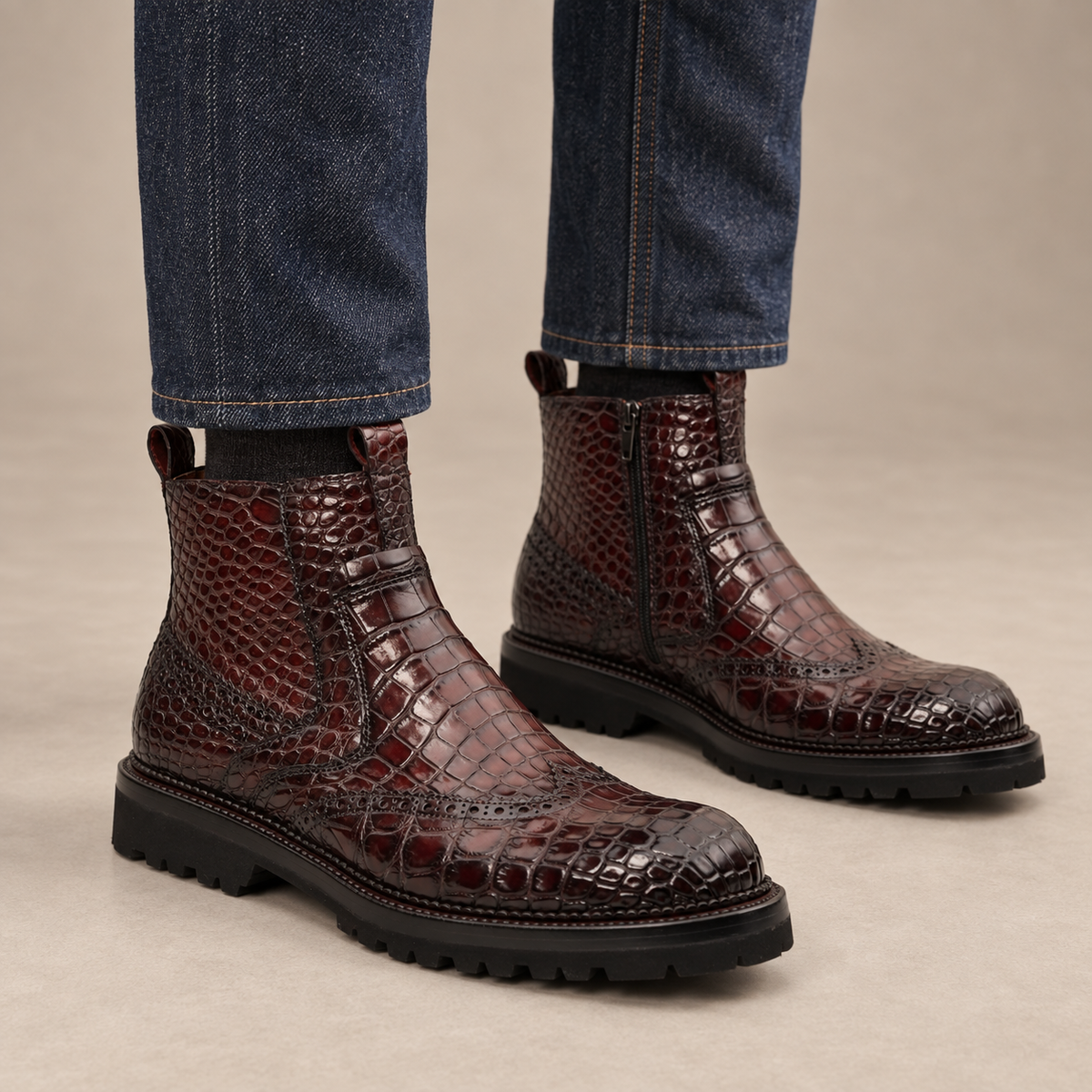 Burgundy Crocodile Lug-Sole Ankle Boot DIVINCH