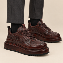 Burgundy crocodile leather platform sneakers on foot | DIVINCH 1009A