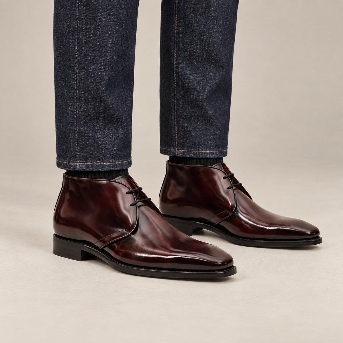 Dark Burgundy Glossy Squared-Toe Chukka Ankle Boot DIVINCH