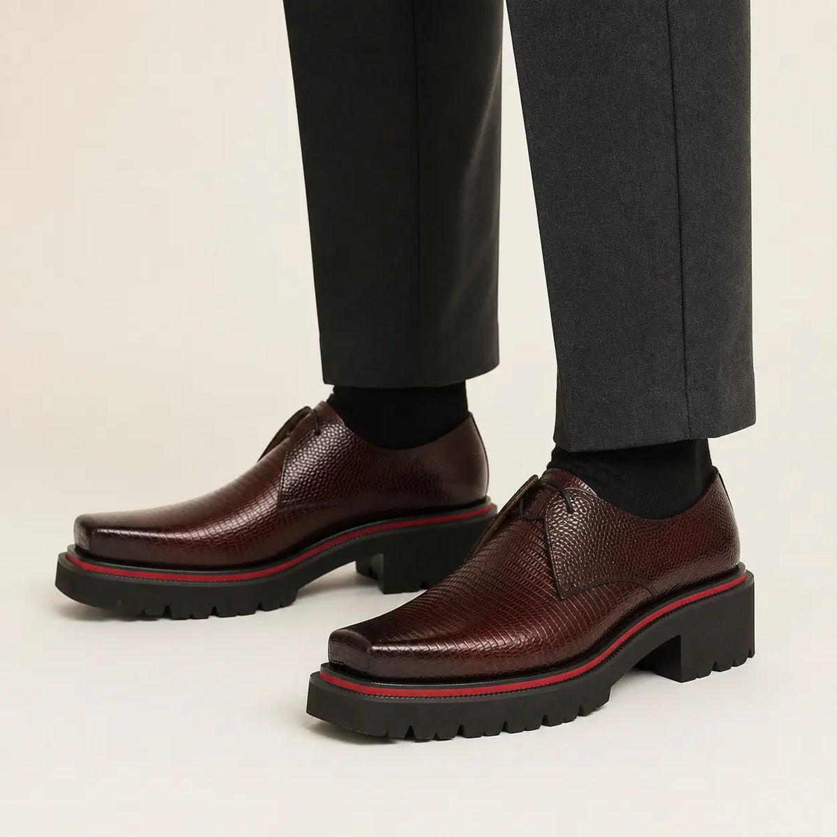 Burgundy Textured Lug Derby — on-foot studio view