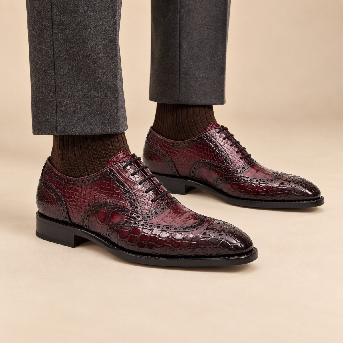 Burgundy Wingtip Oxford Shoes with Scale-Pattern Texture