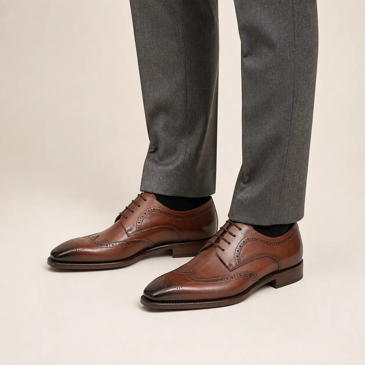 Burnished Calf Derby Shoes — on-foot studio view