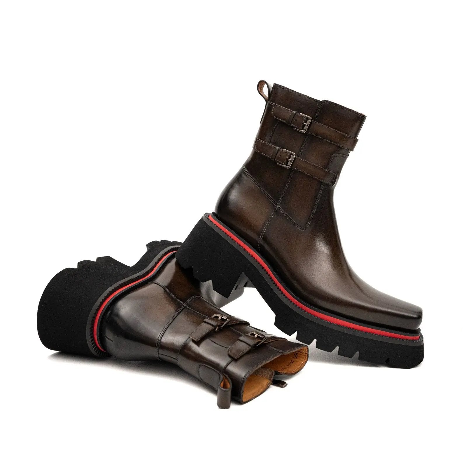 Burnished Double Strap Lug Boot Coffee DIVINCH