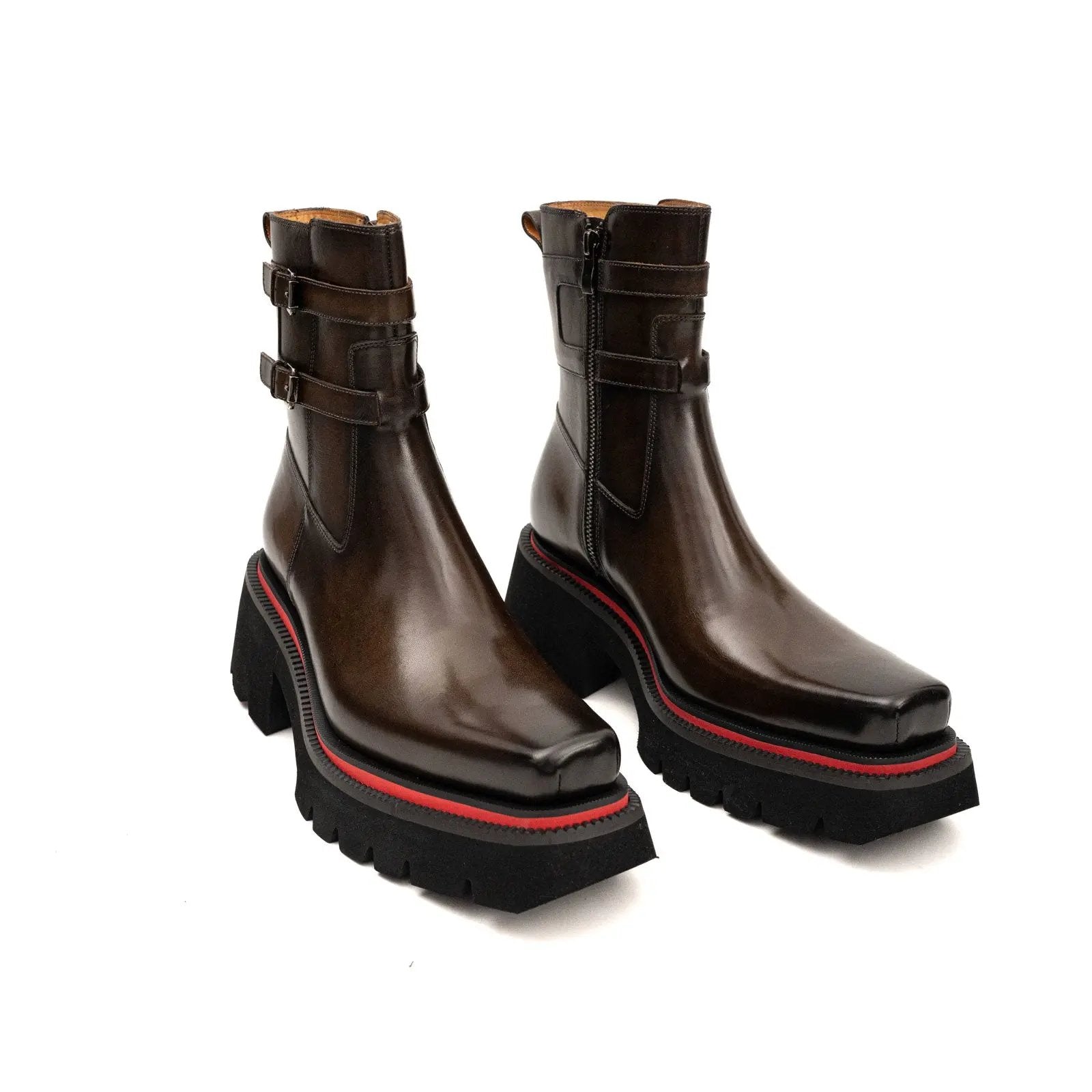 Burnished Double Strap Lug Boot Coffee DIVINCH