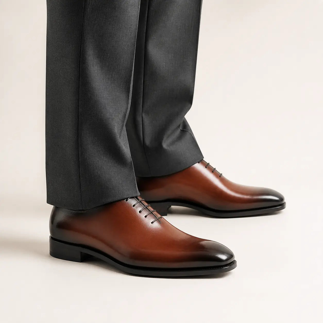 DIVINCH burnished wholecut Oxford shoe — on-foot studio view