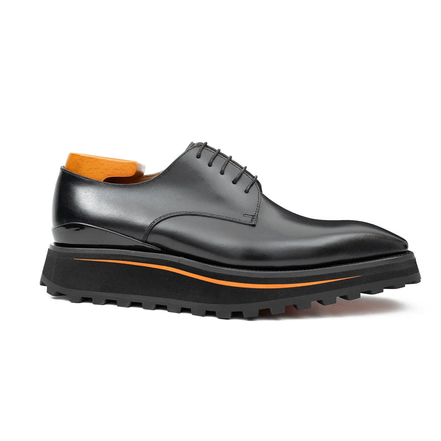 Derbys de Cuero de Becerro Negro con Punta Lisa para Hombre