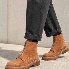 DIVINCH camel suede zip ankle boots urban walking scene with rolled dark blue denim