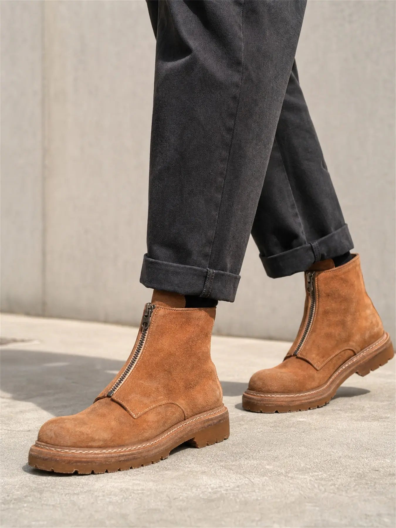 DIVINCH camel suede zip ankle boots urban walking scene with rolled dark blue denim
