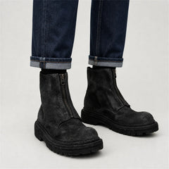 DIVINCH 5101B charcoal black zip ankle boots styled with rolled dark blue denim