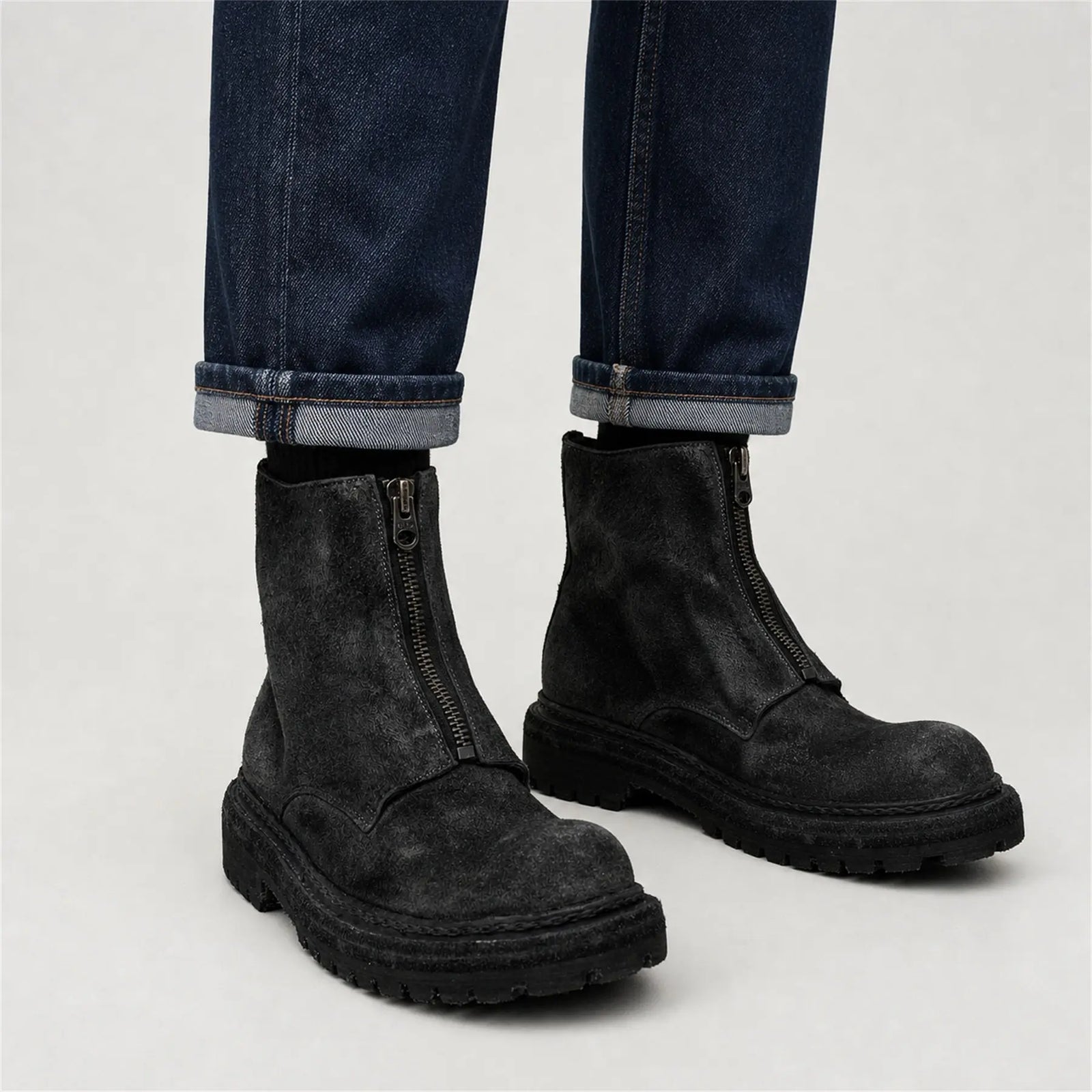 DIVINCH 5101B charcoal black zip ankle boots styled with rolled dark blue denim