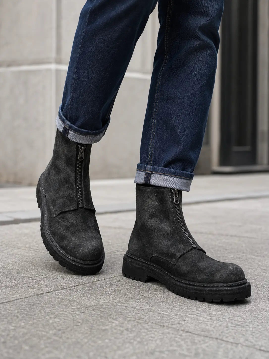 Charcoal Black Suede Zip Boots for Men DIVINCH