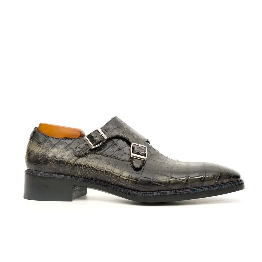 Charcoal Crocodile Double Monk Shoes DIVINCH