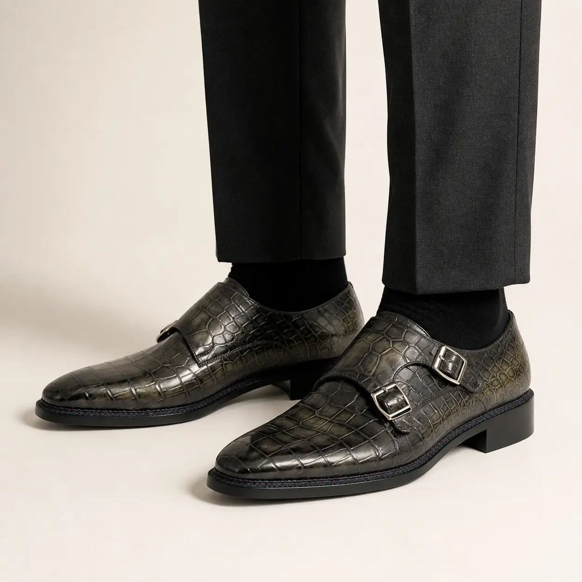 Charcoal crocodile leather double monk shoes on-foot studio photo