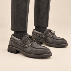 Charcoal Gray Textured Moc-Toe Lace-Up Shoe with Lug Sole on-foot hero