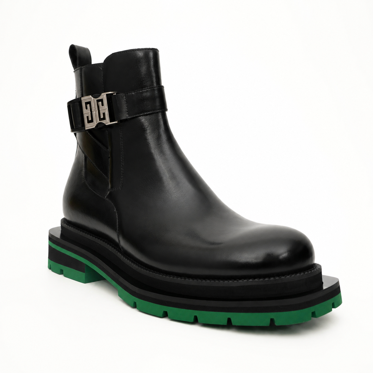 Black Buckle Boots Green Lug Sole