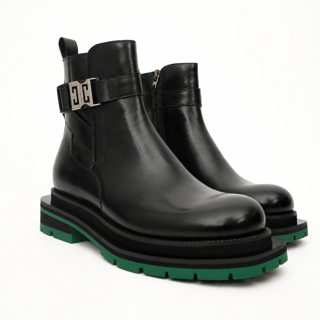 Black Buckle Boots Green Lug Sole