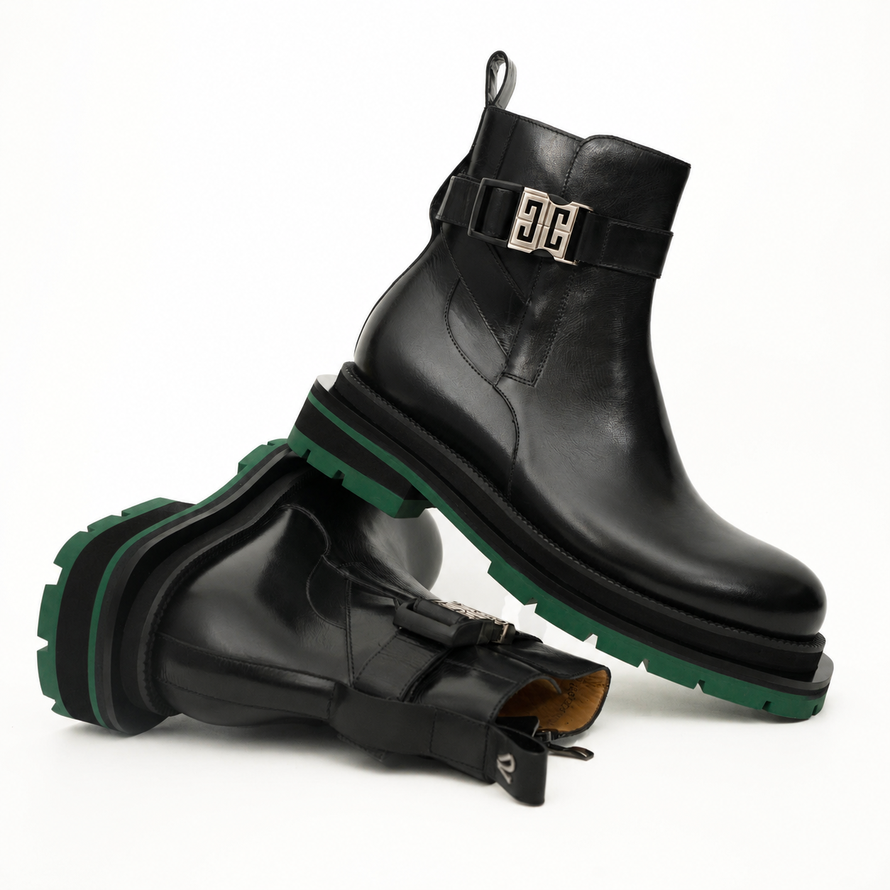 Black Buckle Boots Green Lug Sole