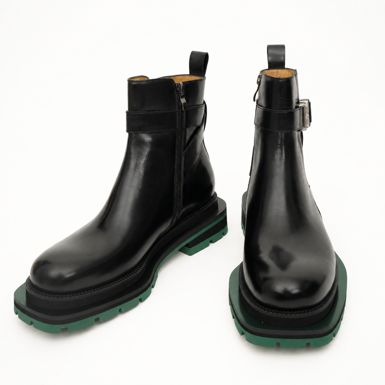 Black Buckle Boots Green Lug Sole