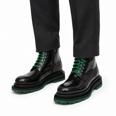 Black Lace-Up Boots with Green Sole