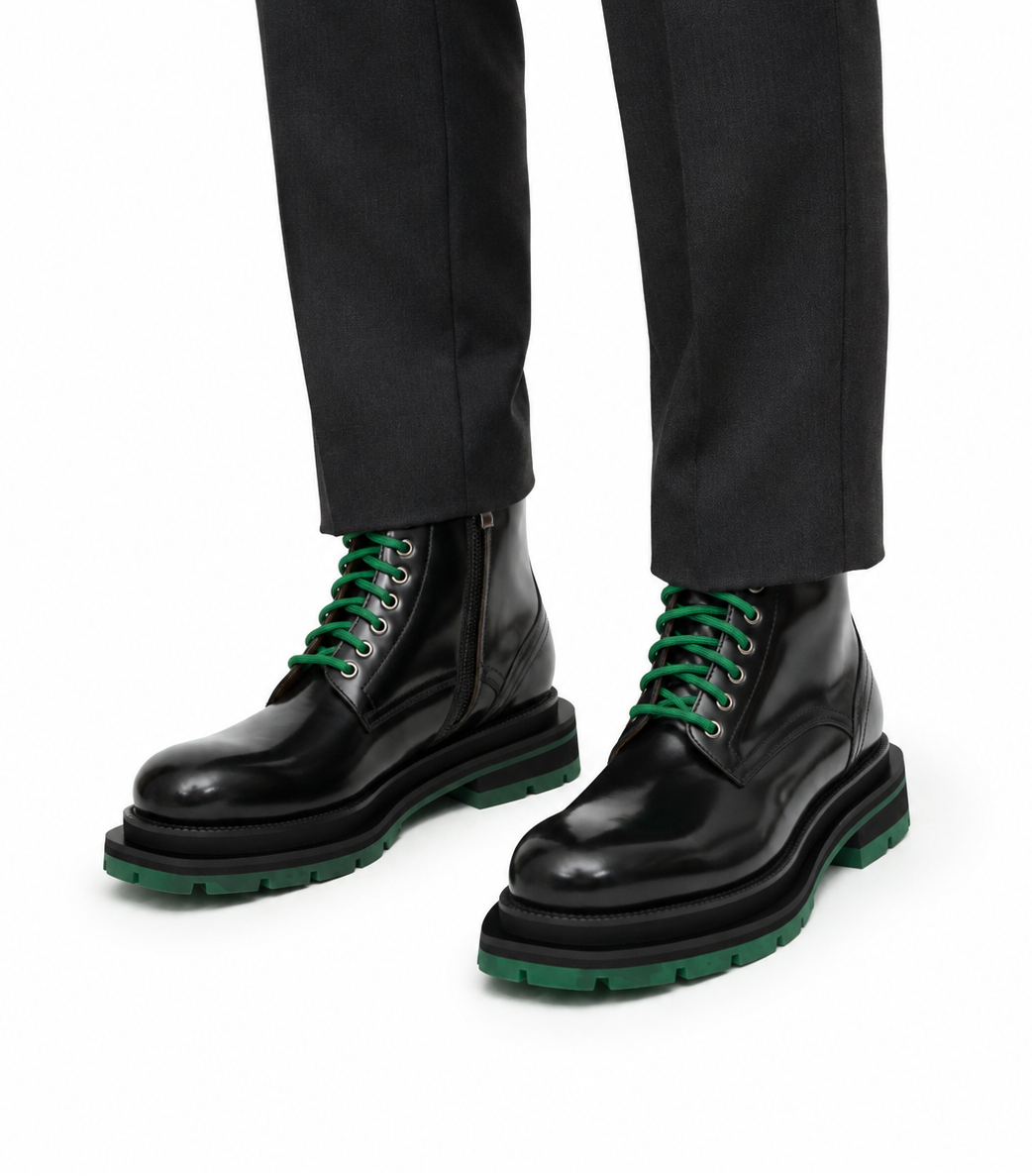 Black Lace-Up Boots with Green Sole