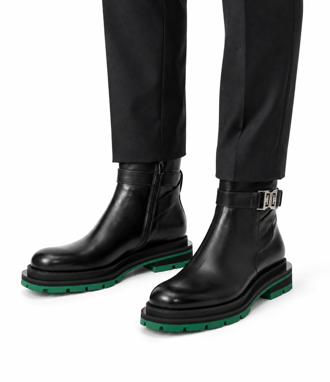 Black Buckle Boots Green Lug Sole