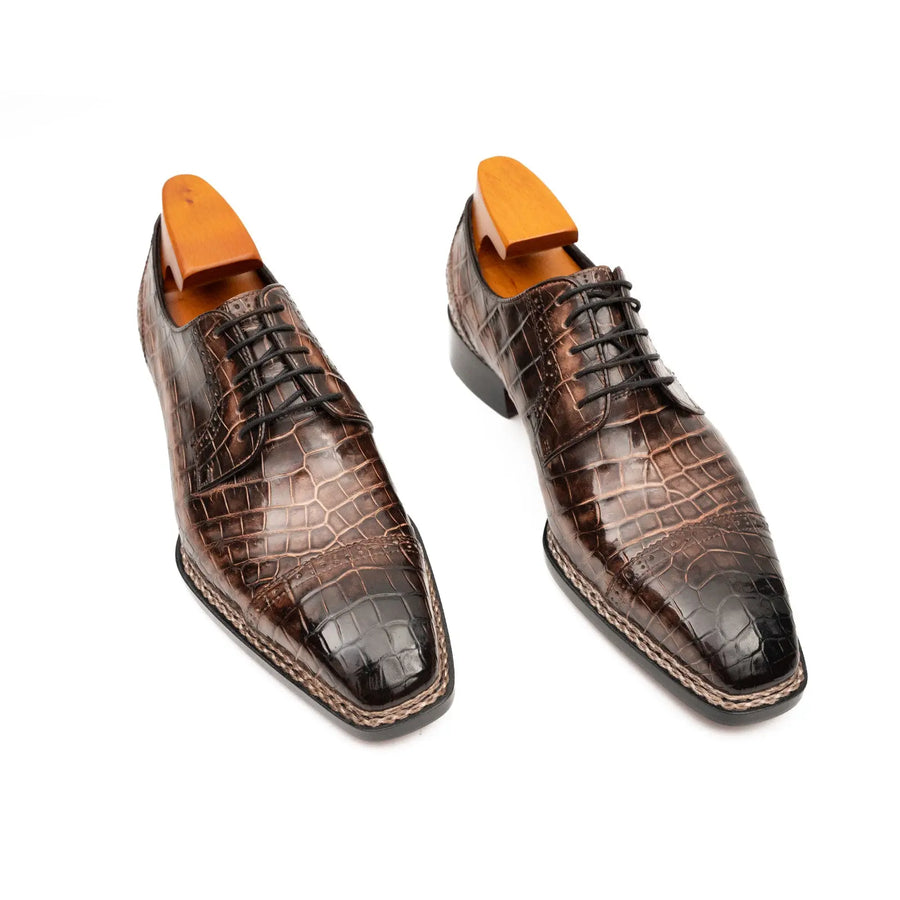 Scarpe Derby Norvegesi in Pelle di Coccodrillo Marrone Caffè