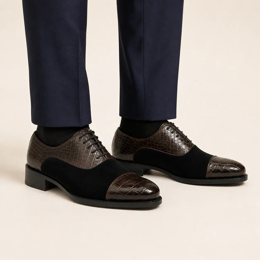Coffee crocodile leather and suede Oxford shoes on-foot studio photo
