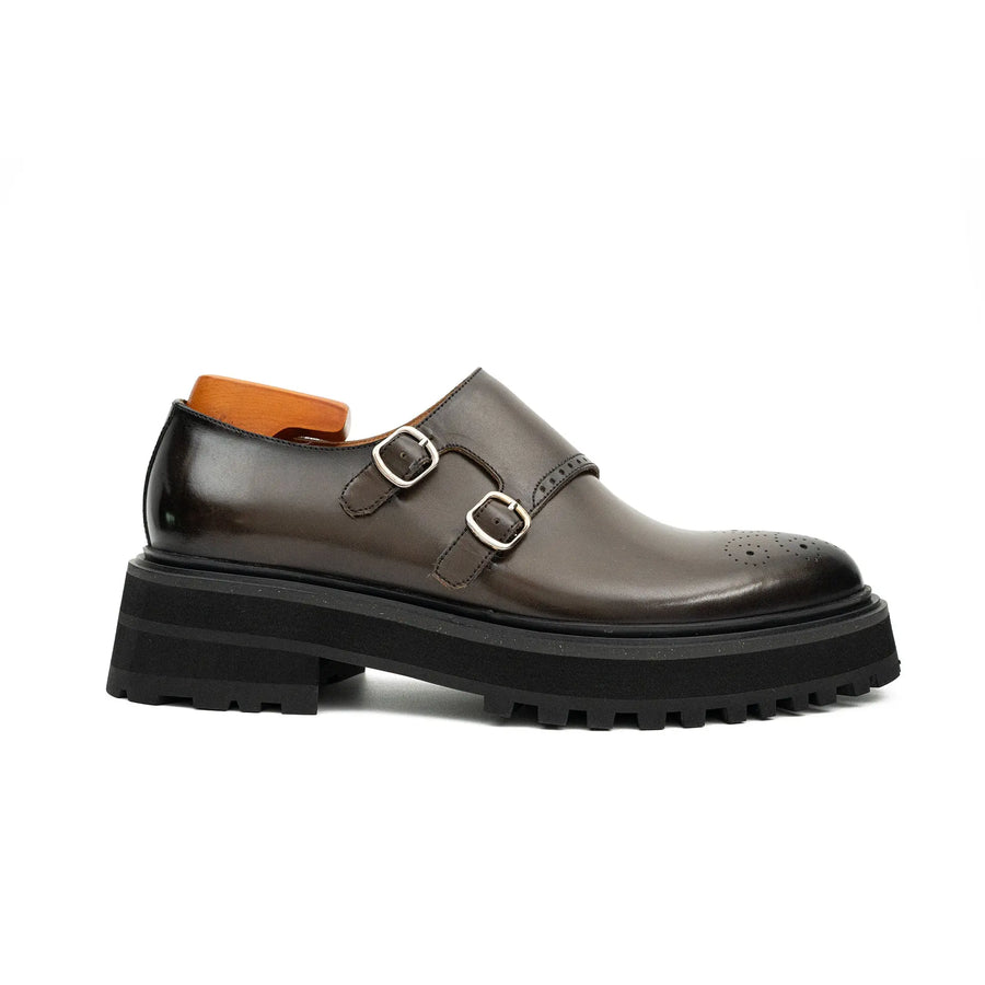 Mocassins à double boucle marron café, semelle épaisse