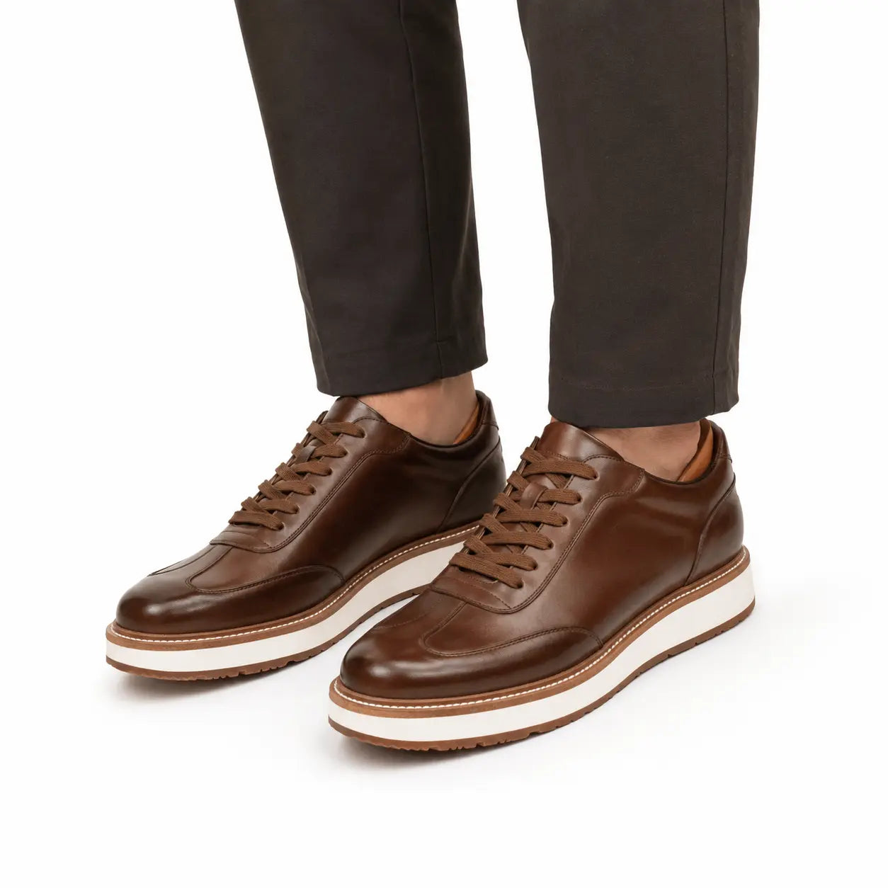 Coffee Leather Lace-Up Platform Shoes