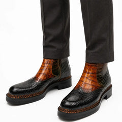 Cognac-Black Crocodile Chelsea Boot